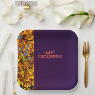 Dark Purple Leaves Thanksgiving Friendsgiving Paper Plate