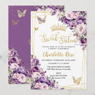 Dark Purple Lilac Blush Floral Roses Sweet 16 Invitation