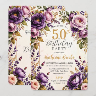 Dark Purple Lilac Blush Vintage Floral Birthday Invitation