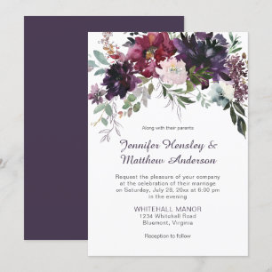 Dark Purple, Mauve, Red, Pink Floral Wedding Invitation