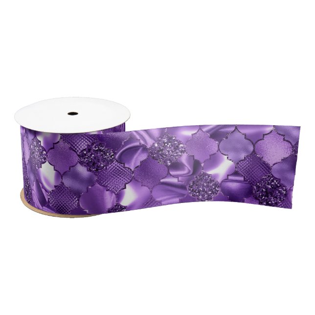 Dark Purple Moroccan Quatrefoil Pattern Satin Ribbon (Spool)