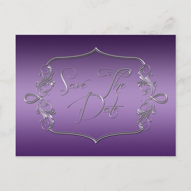 Dark Purple Ornate Silver Save The Date Announcement Postcard (Front)