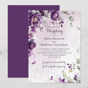 Dark Purple Peonies Wedding Invitation