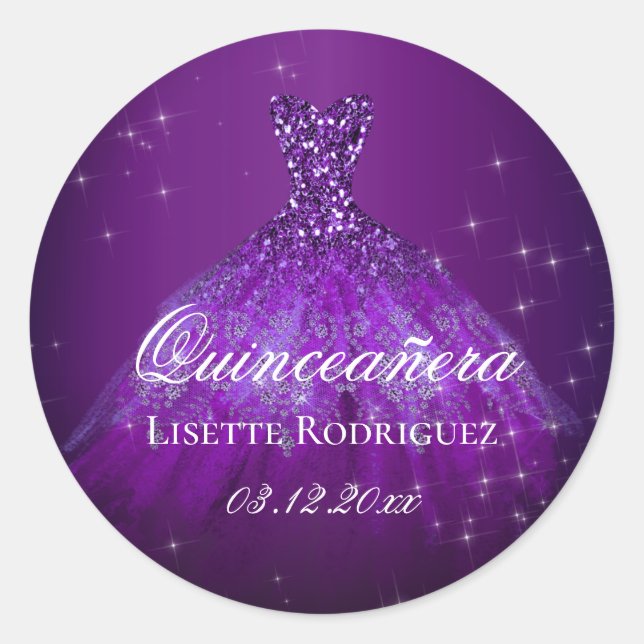 Dark Purple Personalized Quinceanera Classic Round Sticker (Front)