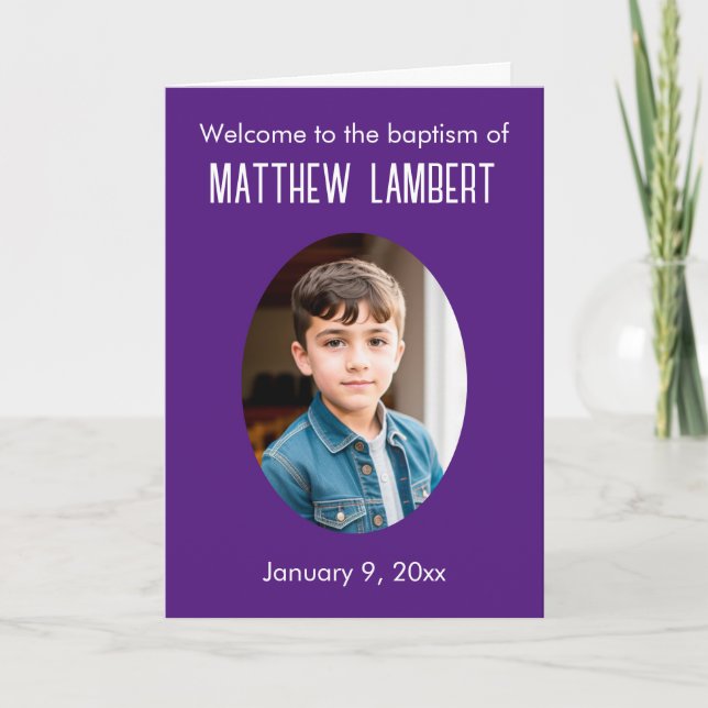 Dark Purple Photo Front Polka-Dot Folded Baptism Program (Front)