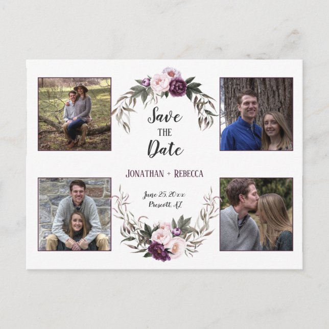 Dark Purple Plum Peonies Photo Save The Date Announcement Postcard (Front)
