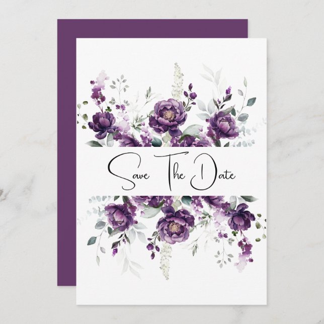 Dark Purple Plum Peonies Save the Date (Front/Back)