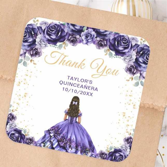 Dark Purple Princess Quinceañera Thank You Square Sticker (Creator Uploaded)