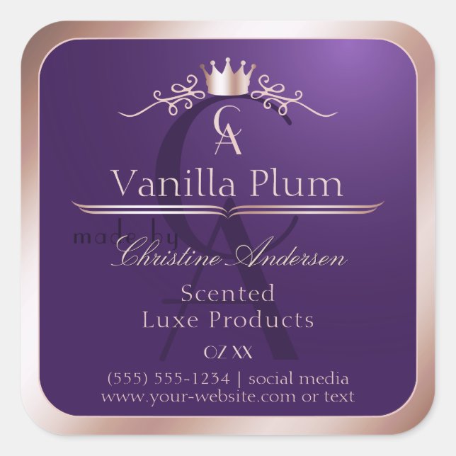 Dark Purple Product Label Rose Gold Frame Monogram (Front)