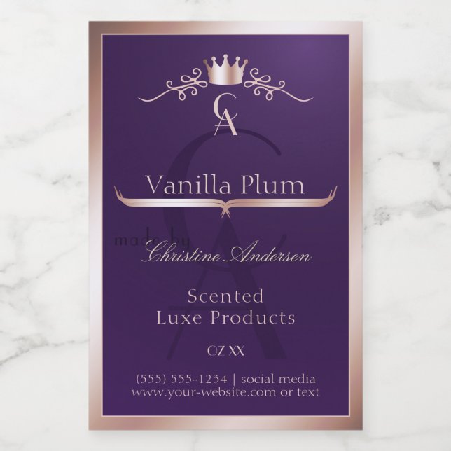 Dark Purple Product Label Rose Gold Frame Monogram (Single Label)