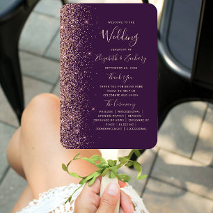 Dark Purple Rose Gold Glitter Edge Wedding Program Hand Fan