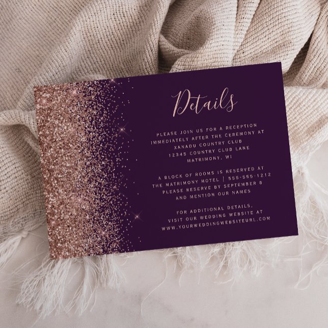 Dark Purple Rose Gold Glitter Wedding Details Enclosure Card (Creator Uploaded)