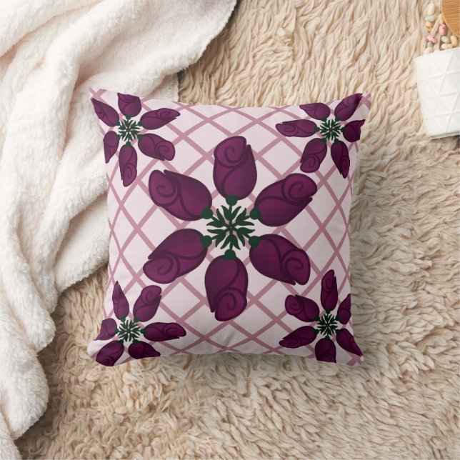 Dark Purple Rose Pattern — Elegant Plum Floral  Throw Pillow (Blanket)