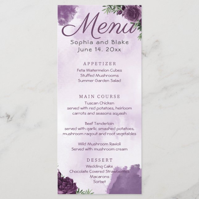 Dark Purple Roses Floral Gothic Wedding Menu (Front)