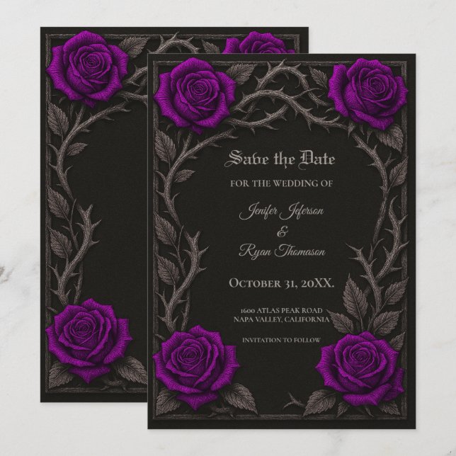 Dark purple roses Gothic Save the date Announcement (Front/Back)