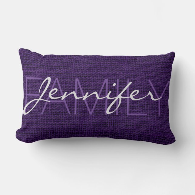 Dark Purple Rustic Burlap Monogram Lumbar Pillow (Front)