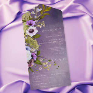 Dark Purple & Sage Green Floral Modern Dinner All In One Invitation