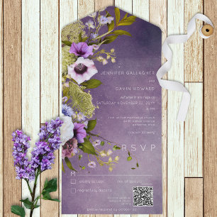 Dark Purple & Sage Green Floral Modern QR Code All In One Invitation
