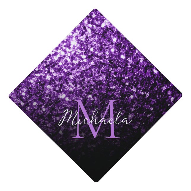 Dark purple shiny faux glitter sparkle Monogram Graduation Cap Topper (Front)