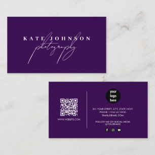 Dark Purple Signature Script QR Code Social Media Business Card