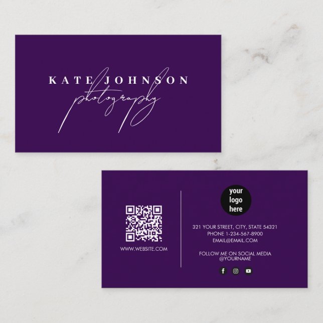 Dark Purple Signature Script QR Code Social Media Business Card (Front/Back)
