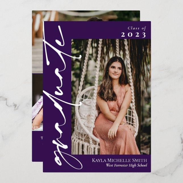 Dark Purple Silver Calligraphy Photo Graduation (Front/Back)