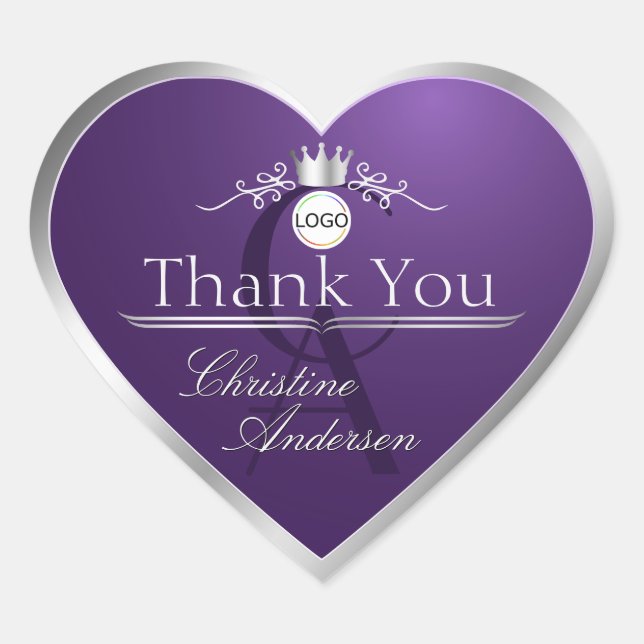 Dark Purple Silver Frame Logo Monogram Thank You Heart Sticker (Front)