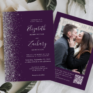 Dark Purple Silver Glitter Photo QR Code Wedding Invitation