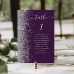 Dark Purple Silver Glitter Wedding Table Number<br><div class="desc">The left-hand edge of this elegant modern wedding table number card features a silver faux glitter border. The word "table" appears in silver grey whimsical handwriting script on a dark purple background. Add the names of your guests who are assigned to each table.</div>