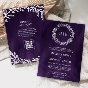 Dark Purple Silver Leaf Branch QR Code Wedding Invitation