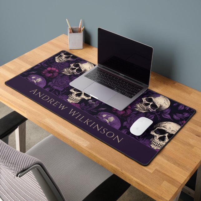 Dark Purple Skulls Roses Gothic Desk Mat (Office 2)
