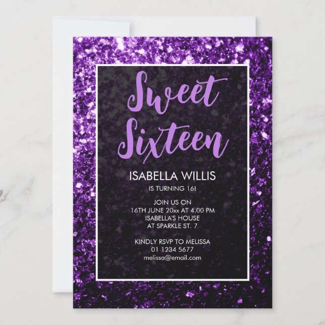 Dark purple sparkles Sweet 16 elegant script Invitation (Front)