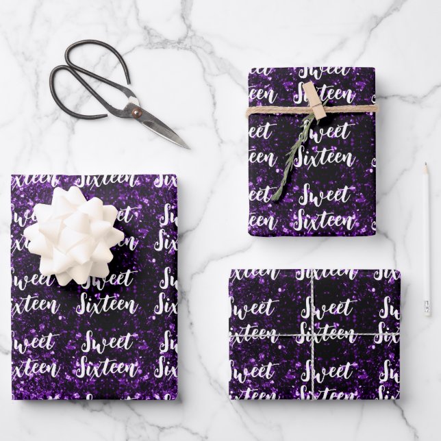 Dark purple sparkles Sweet 16 script pattern Wrapping Paper Sheet (Front)