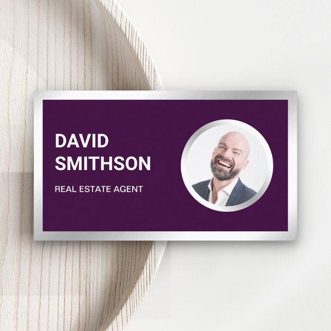 Dark Purple Steel Silver Photo Real Estate Agent Business Card (Creator Uploaded)