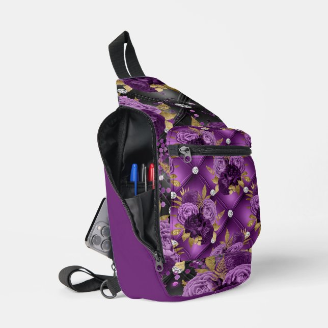 DARK PURPLE TUFTED LOOK PATTERN AND FLOWERS SLING BAG (Open)