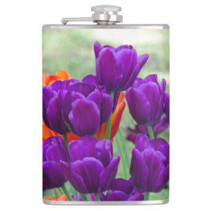 Dark purple tulips on a sunny day in the garden hip flask