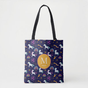 Dark Purple, Unicorns and Rainbows customized Tote Bag