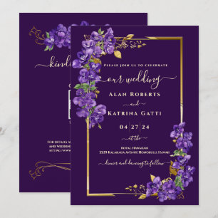 Dark Purple Violet Wedding RSVP QR Code Gold Frame Invitation