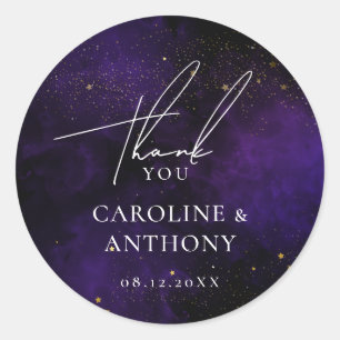 Dark Purple Watercolor Magical Gold Thank You Classic Round Sticker