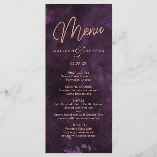 Dark Purple Watercolor & Rose Gold Wedding Menu (Front)
