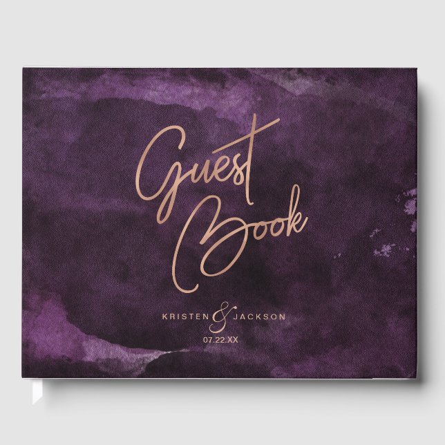 Dark Purple Watercolor Rose Gold Wedding Monogram Guest Book (Front)