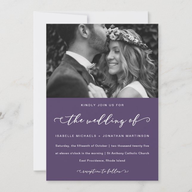 Dark Purple Wedding Calligraphy and Photo Invitation (Front)