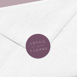 Dark Purple Wedding Classic Round Sticker<br><div class="desc">This wedding sticker features the names of the wedding couple in white against a dark purple colour back side. Check out other matching wedding items https://www.zazzle.com/collections/mauve_layered_geometric_dark_purple_wedding-119712420789591185?rf=238364477188679314&tc=rc . Personalize it by replacing the placeholder text. For more options such as to change the font, it's size and spacing between letters click the...</div>