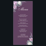 Dark Purple Wedding Menu Card<br><div class="desc">This dark purple wedding menu card features white and purple watercolor peonies,  lavender,  geometric shapes,  and elegant modern typography. Ideal for an outdoor wedding. Find matching items in Lavender Purple Floral Wedding Collection.</div>