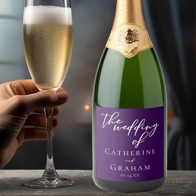 Dark Purple White Typography Personalized Wedding Sparkling Wine Label (Creator Uploaded)