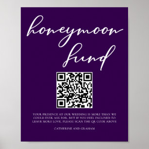 Dark Purple White Wedding Honeymoon Fund QR Code Poster