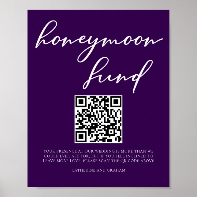 Dark Purple White Wedding Honeymoon Fund QR Code Poster (Front)