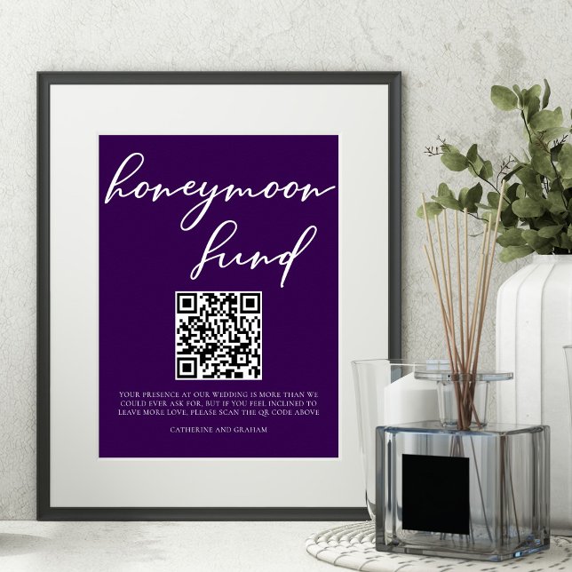 Dark Purple White Wedding Honeymoon Fund QR Code Poster (Creator Uploaded)