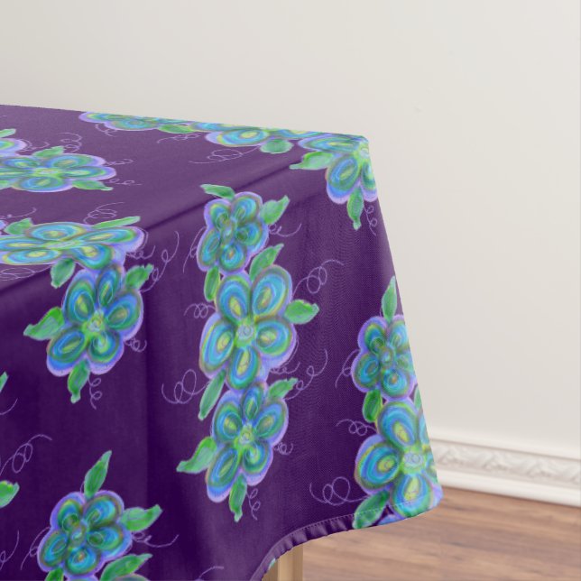 Dark Purple With Blue Floral Art Tablecloth (In Situ)