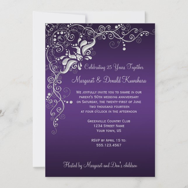 Dark Purple with Ornate Silver Floral Swirls 25th Invitation (Front)